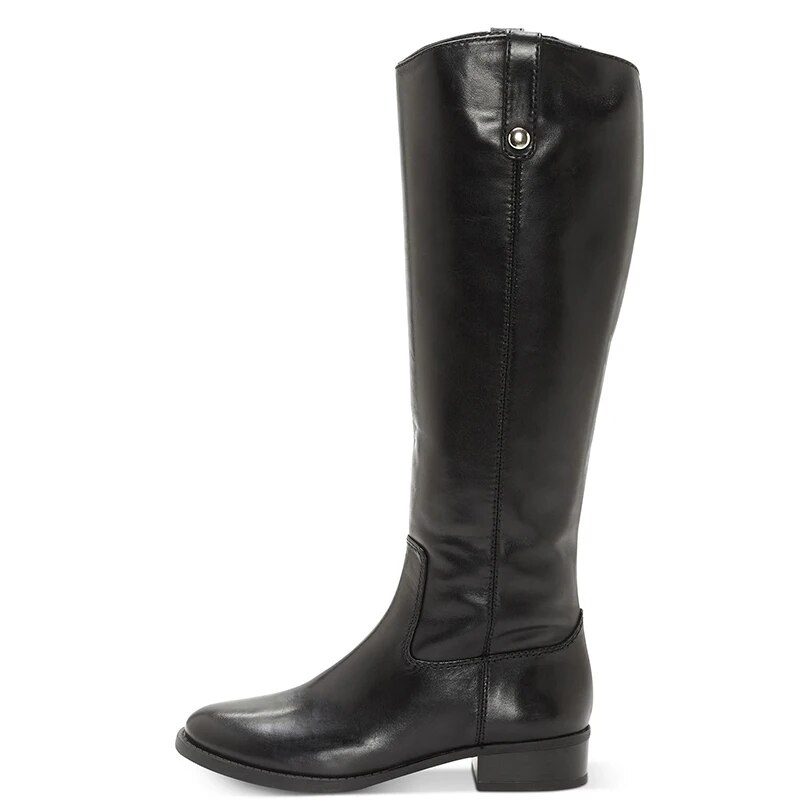 TAAFO Black Rivet Knee Long Boots Med Chunky Heels Round Toe Zipper Ladies Women Shoes