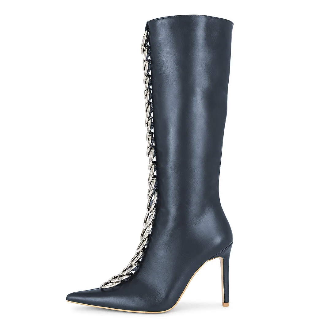 Women's Vegan Leather Pointed Toe Silver Ring Knee High Boots in Navy