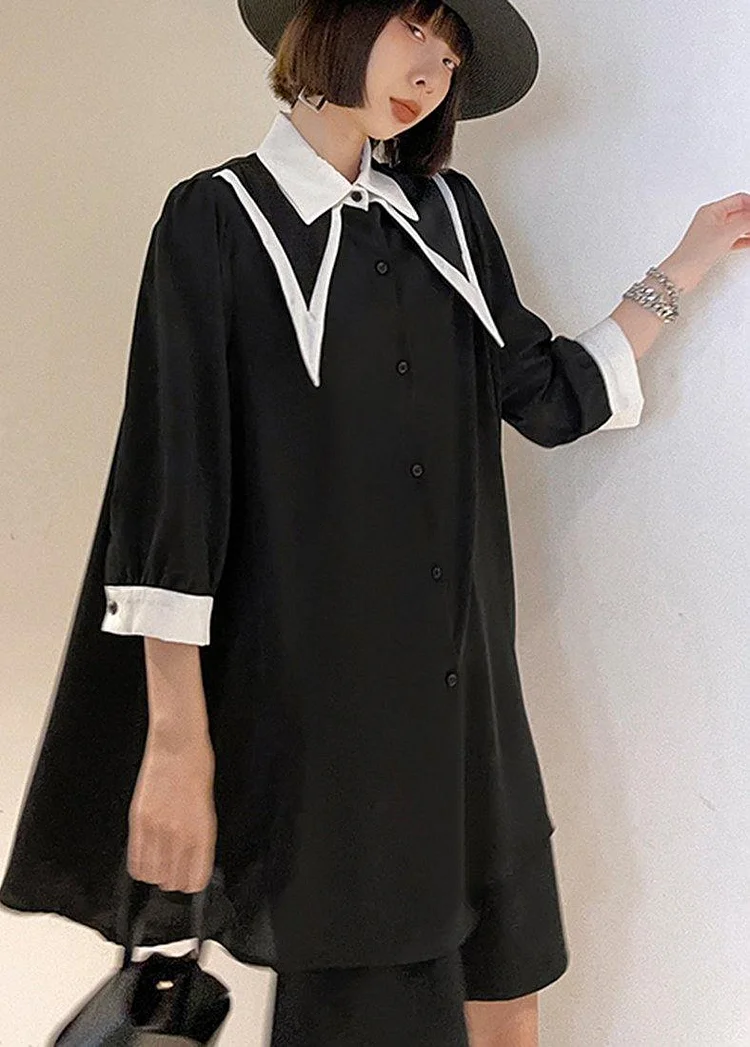 Bohemian Black Patchwork Cotton Button Summer Robe Dresses