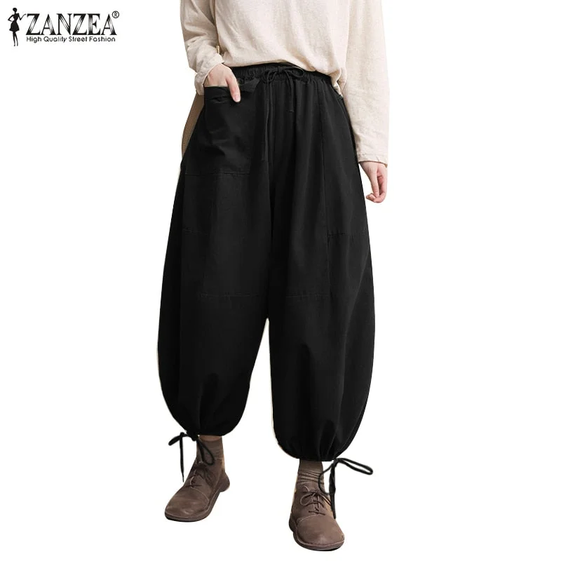 2022 Summer ZANZEA Vintage Women Cotton Linen Pants Wide Leg Pants Drawstring Casual Solid Oversized Lady Elastic Waist Bottoms