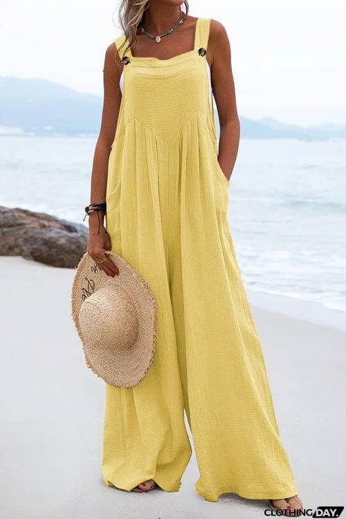 Solid Button Sling Wide-Leg Jumpsuit