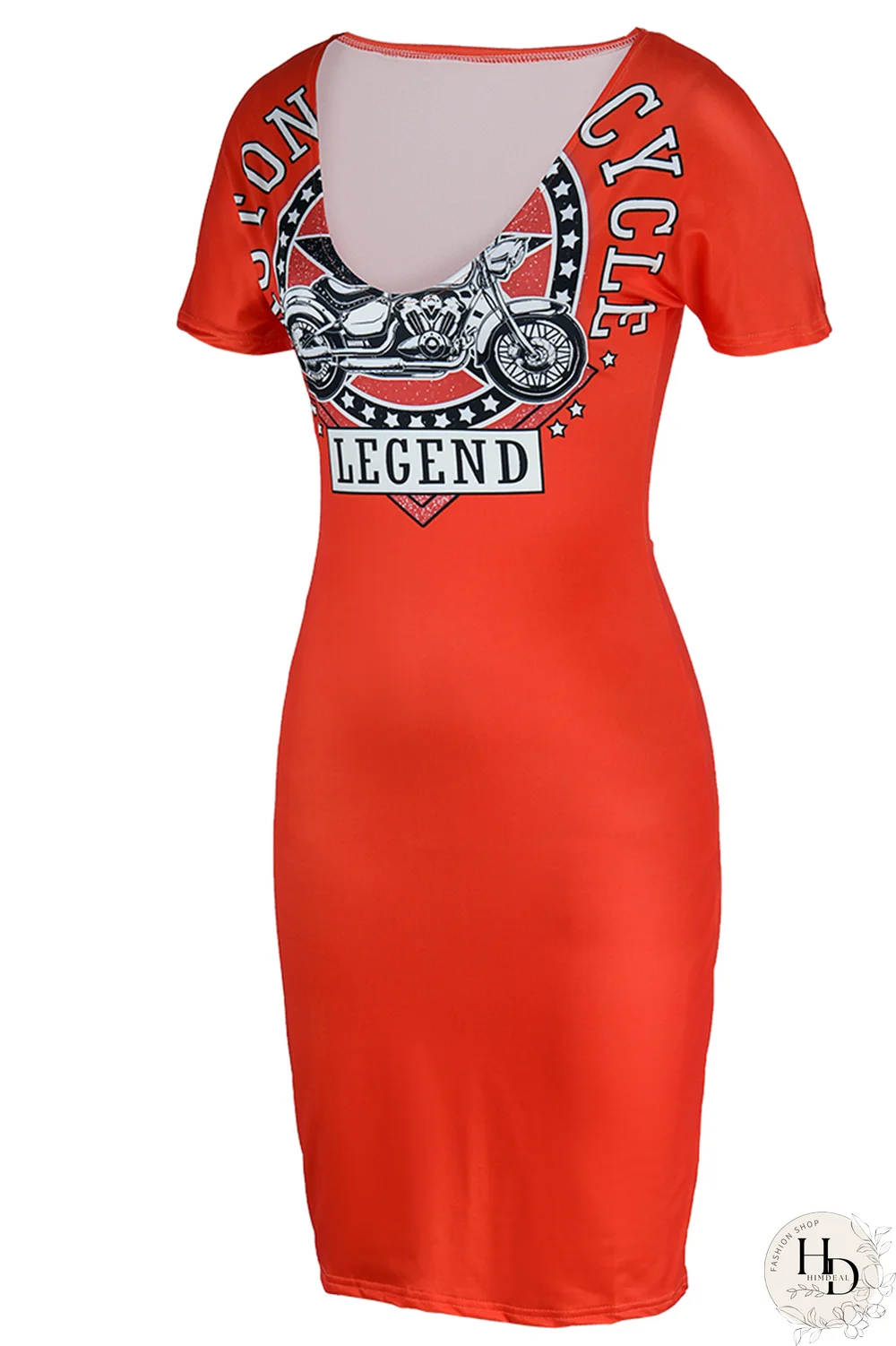 Tangerine Red Fashion Print Patchwork V Neck Pencil Skirt Dresses