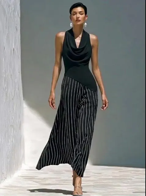 Women&rsquo;s Black Cowl Neck Sleeveless Top & Black-and-White Striped Skirts Two-Piece Set