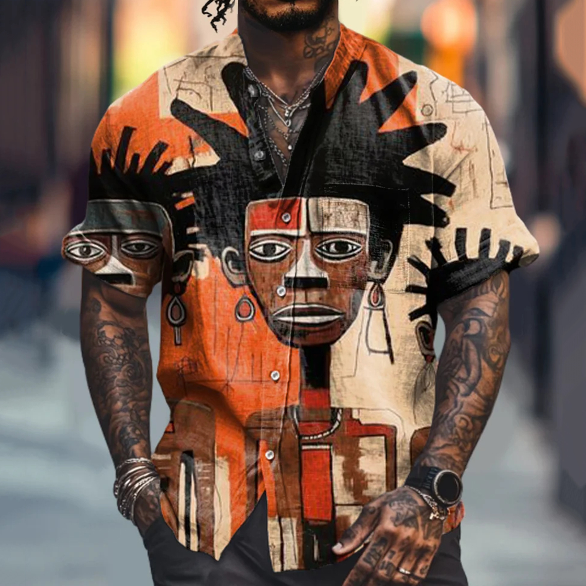 Vintage  African Tribal Characters Graffiti  Art Print Casual Shirt