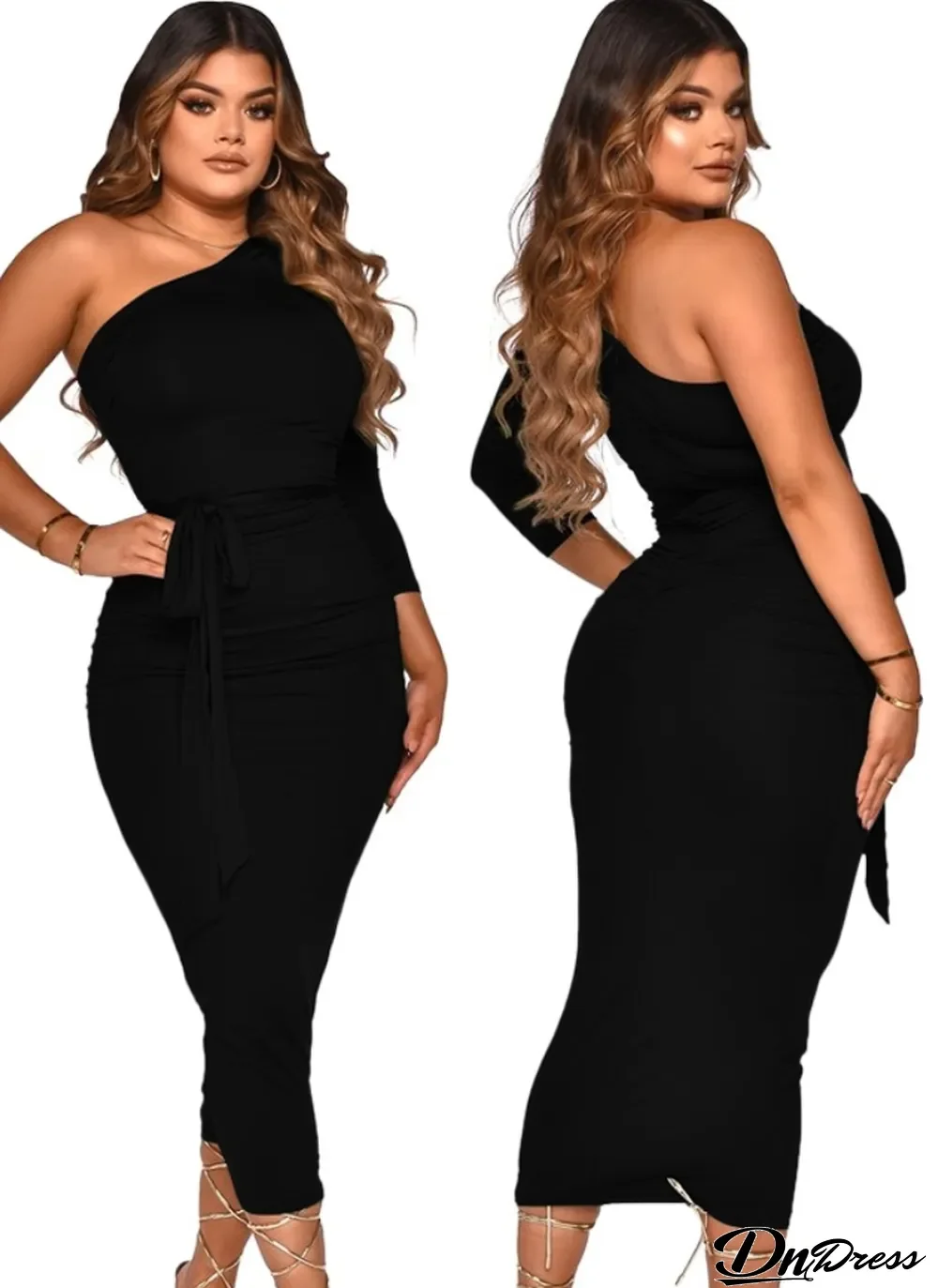 Women Summer Black One Shoulder Scrunch Long Party Dress