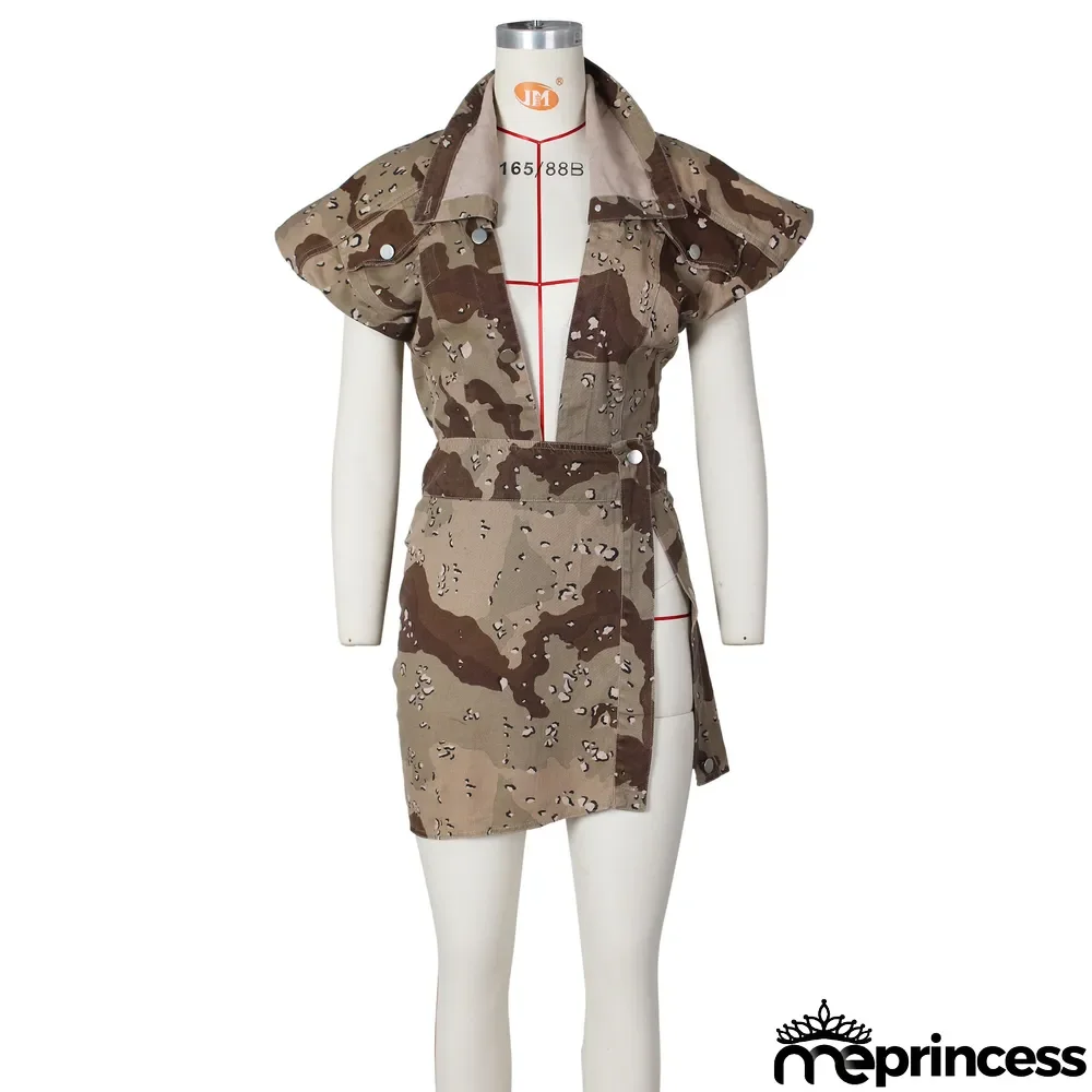 Sleeveless High-cut Camouflage Casual Skirts Set