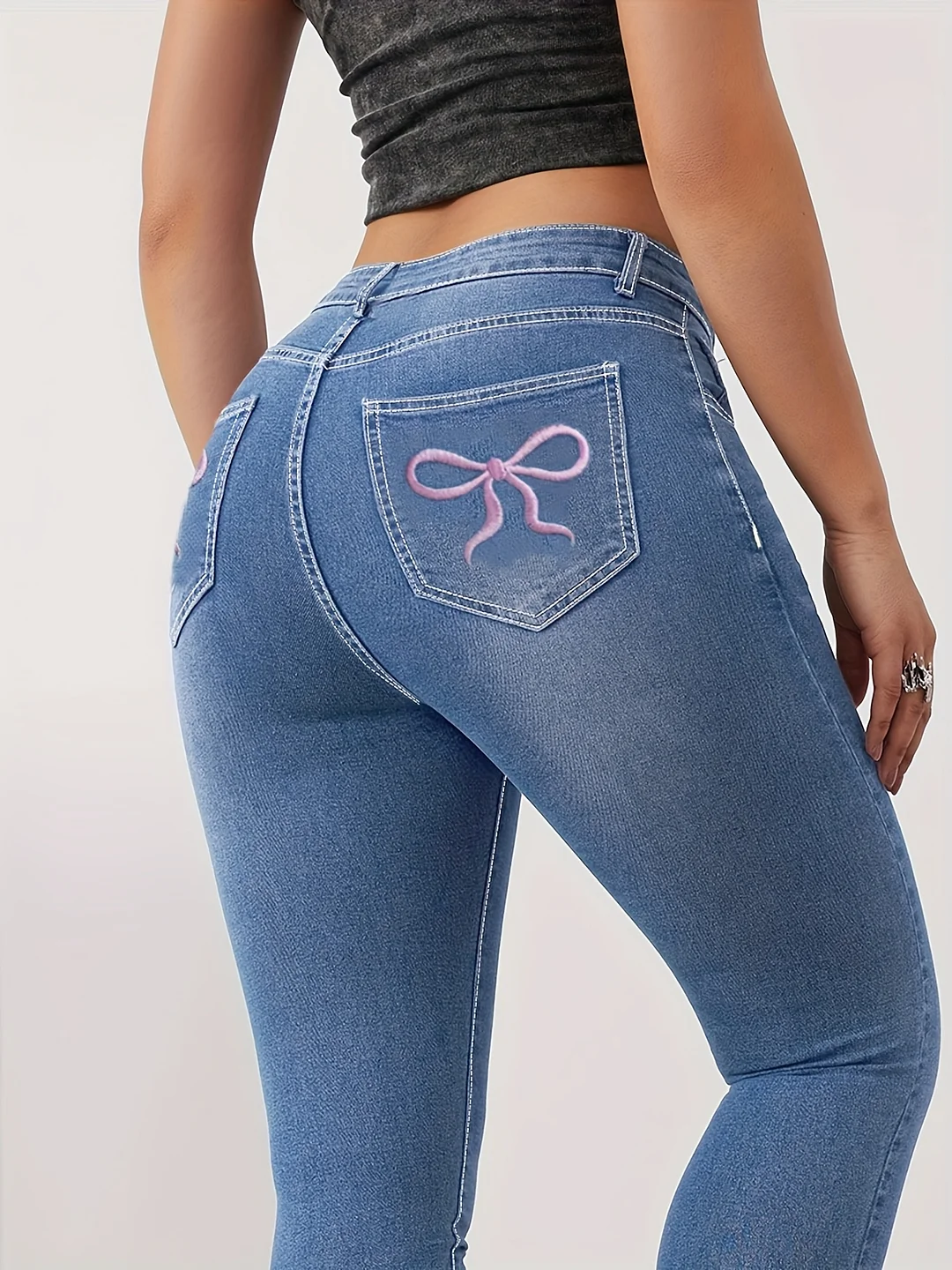 High-Waisted Stretch Skinny Denim Jeans For Women | Washed Blue, Bow-Knot Pattern Embroidery On Back Pockets | Elegant & Casual Style, Form-Fitting | All-Season Wearable Denim Trousers For Outing | IFYHOME