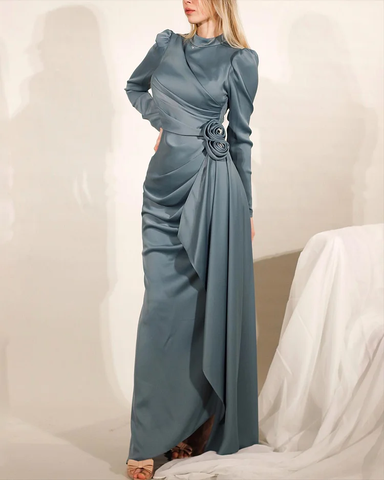 Women's Long Sleeve Solid Satin Dress