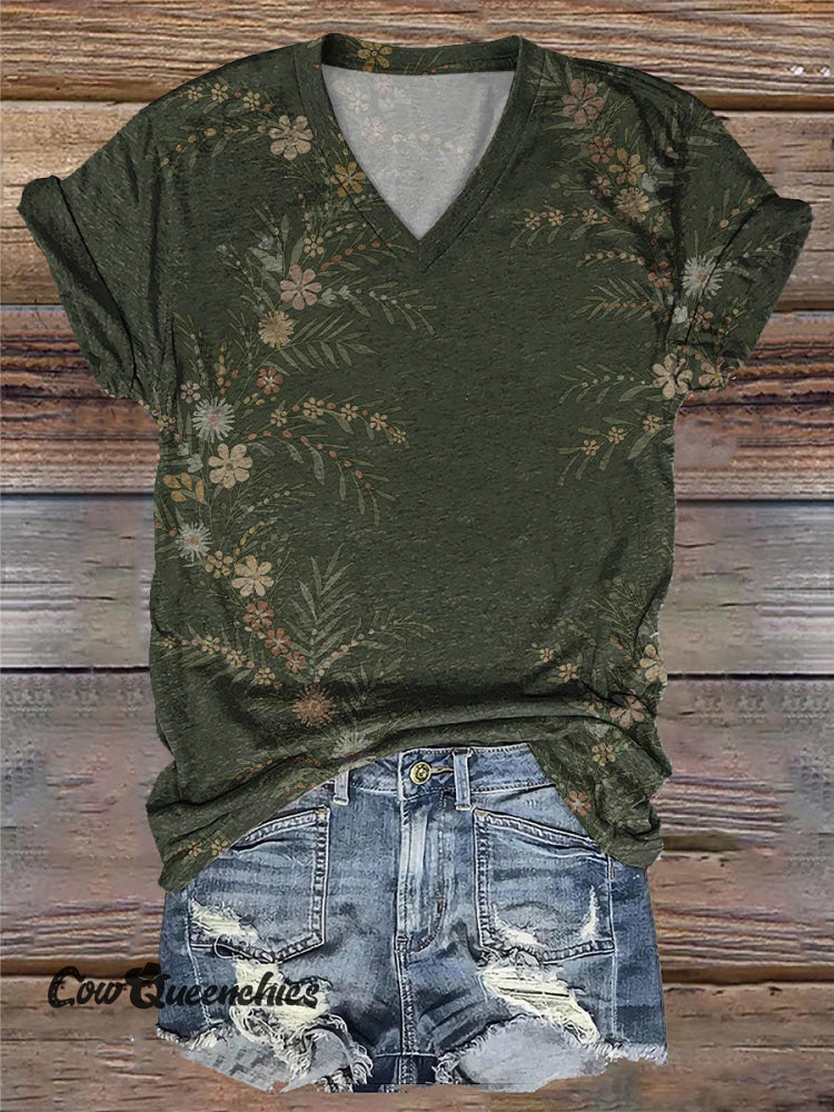Simple Floral Art Print Casual V-Neck T-Shirt Green / S