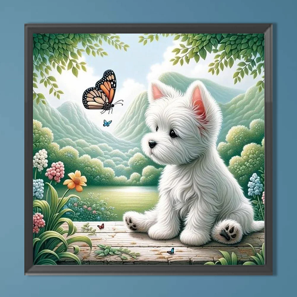 Diamond Painting - Full Round Drill - Dog Playing Butterfly(Canvas|40*40cm)