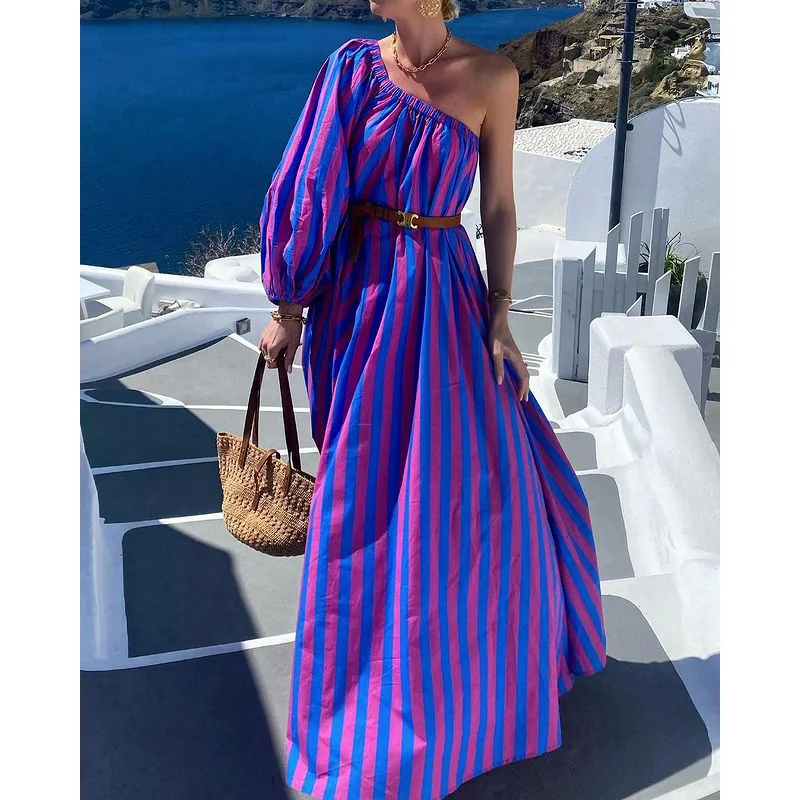 Woherb Woherb Women's Wear Spring / Summer 2024 New Fashion Striped Diagonal Shoulder Long Holiday Dress-Outfit Ideas
