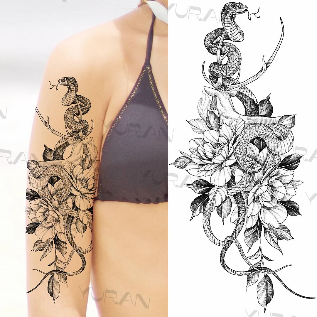 Sdrawing Rose Flower Temporary Tattoos For Women Realistic Snake Butterfly Flora Fake Tattoo Sticker Arm Body Waterproof Tatoos