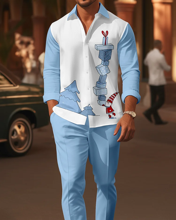 Men's Christmas Printed Long Sleeve Shirt Walking Suit 1559