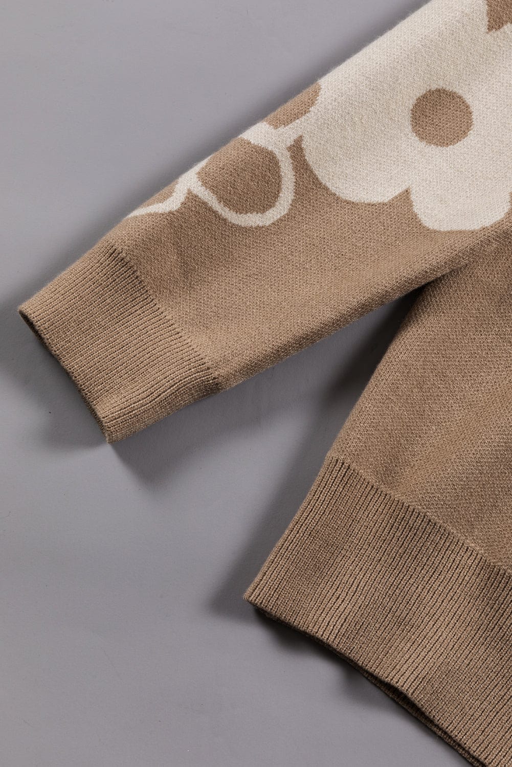 Cozy Camel Floral Knit Sweater with Drop Shoulder Detail