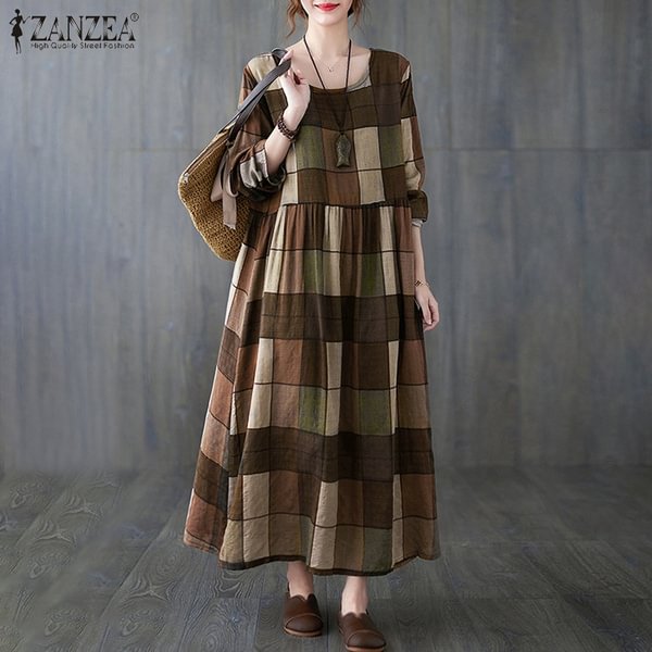 Oversized Vintage Women Long Sleeve Kaftan Check Grid Printed Casual Long Midi Shirt Dress Autumn
