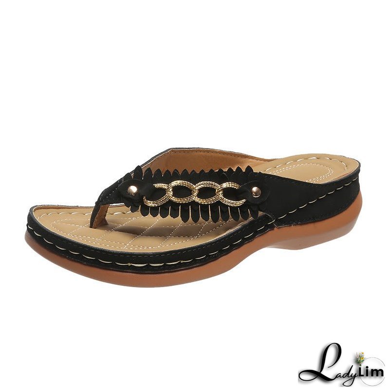 Summer Wedge Sandals with Chain Detail for Women: Retro Slides with Anti-Slip Design