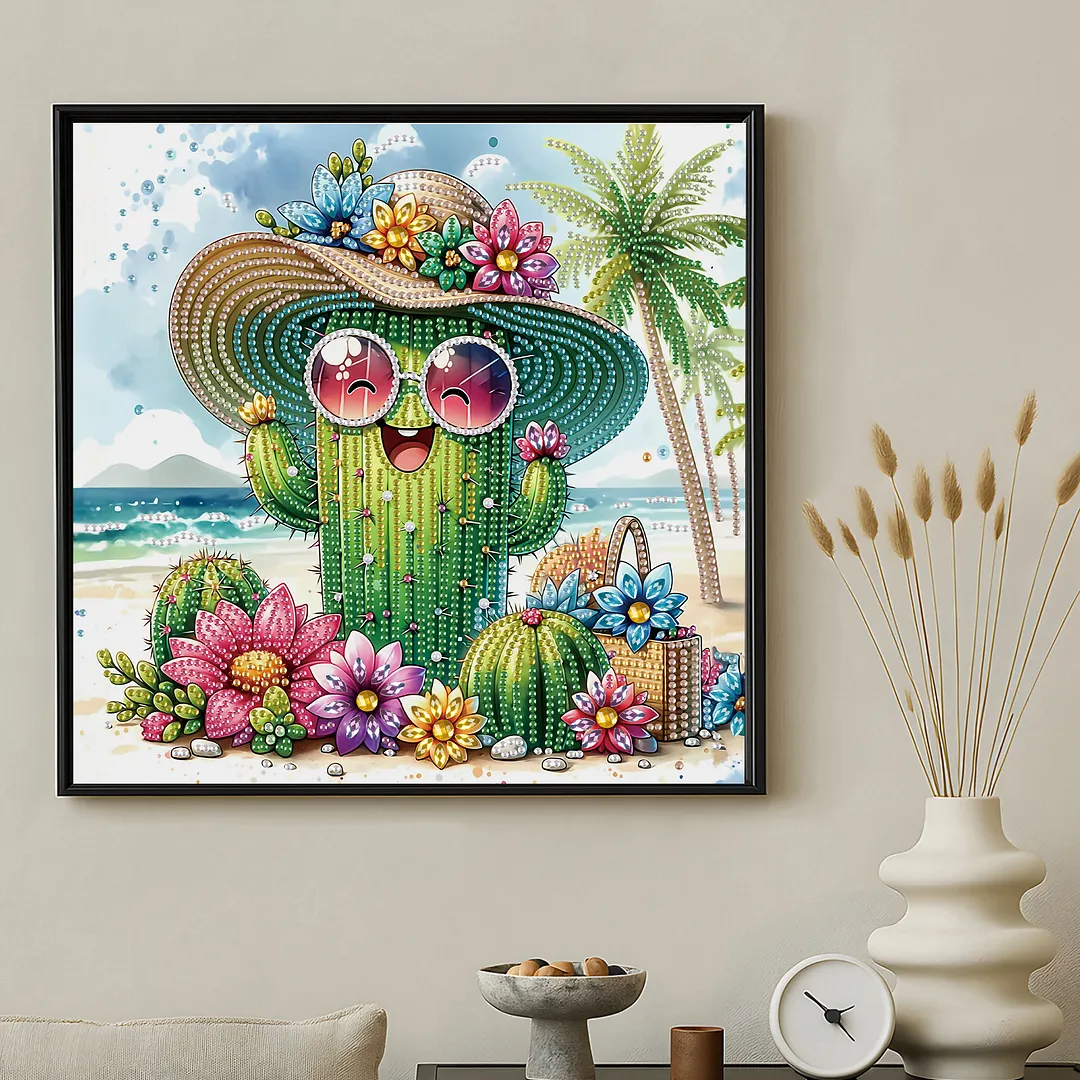 Beach Straw Hat Cactus Special Shaped 5D DIY Partial Drill Diamond Painting Kits for Adults Beginners Home Decor Diamonds Paintings Gem Art 11.81 X11.81inch