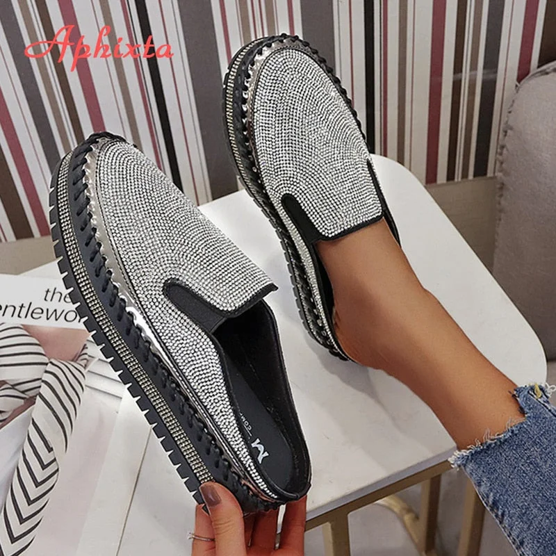 Aphixta Women Slippers Rhinestone Slip On Pattern Flat Shoes Woman Big Size 43 Soft Antiskid Breathable Sneakers Casual Slides