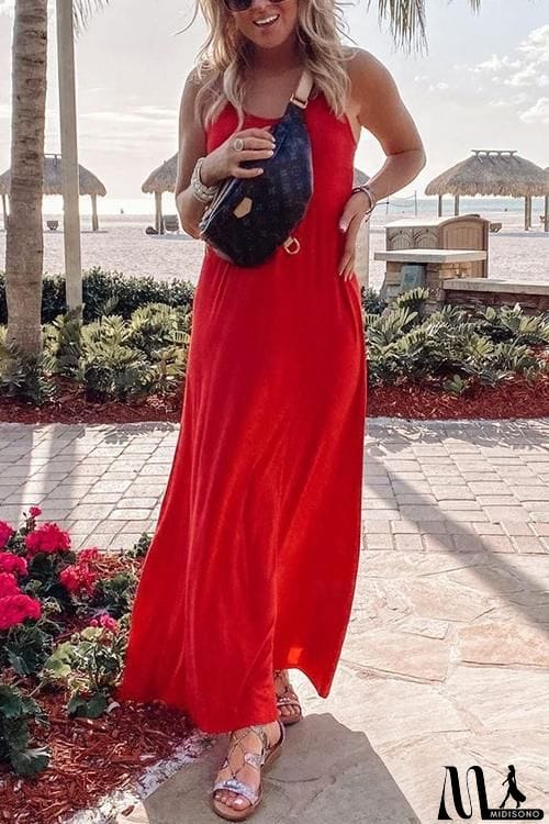 MidiSono - Linen Solid Pockets Slip Maxi Dress