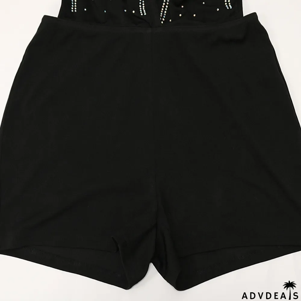 Hot Drilling V Neck Halter Romper+Tassel Skirt 2 Piece Sets