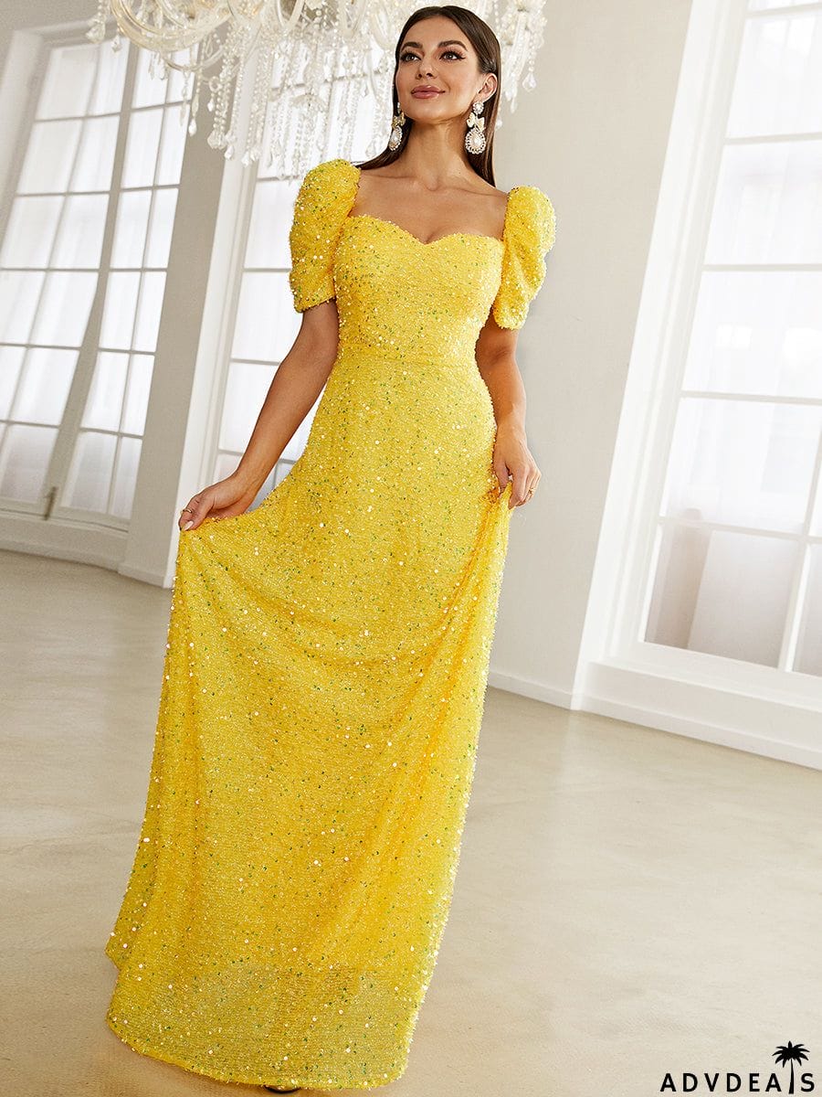 Light Yellow Floor Length Puff Sleeve Sequin Dress XJ1509