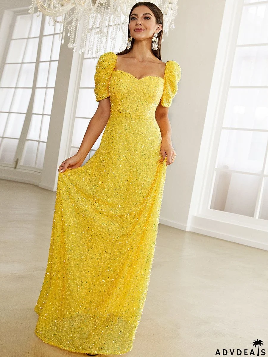 Light Yellow Floor Length Puff Sleeve Sequin Dress XJ1509