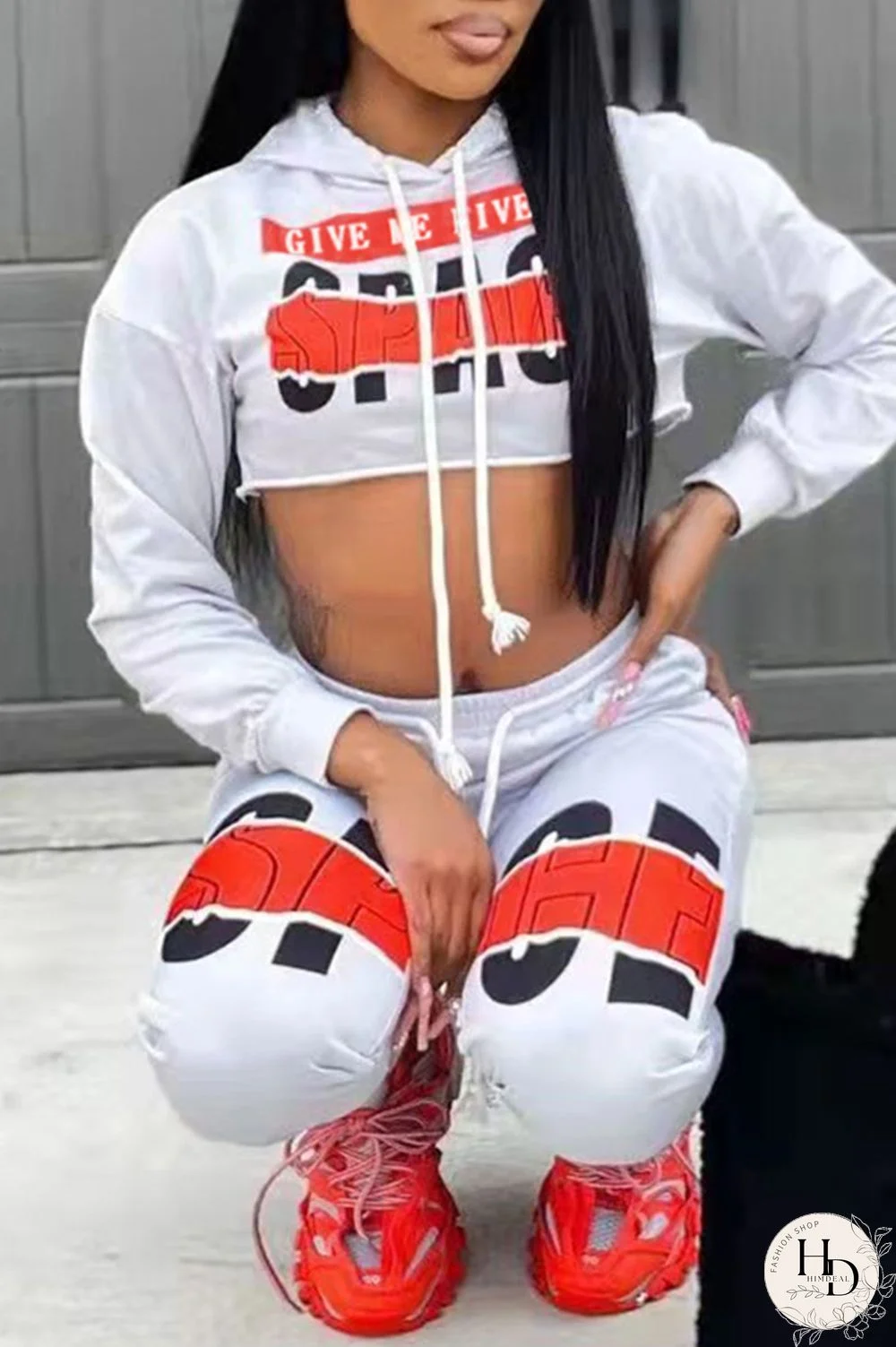 White Fashion Casual Print Basic Hooded Collar Long Sleeve Two Pieces