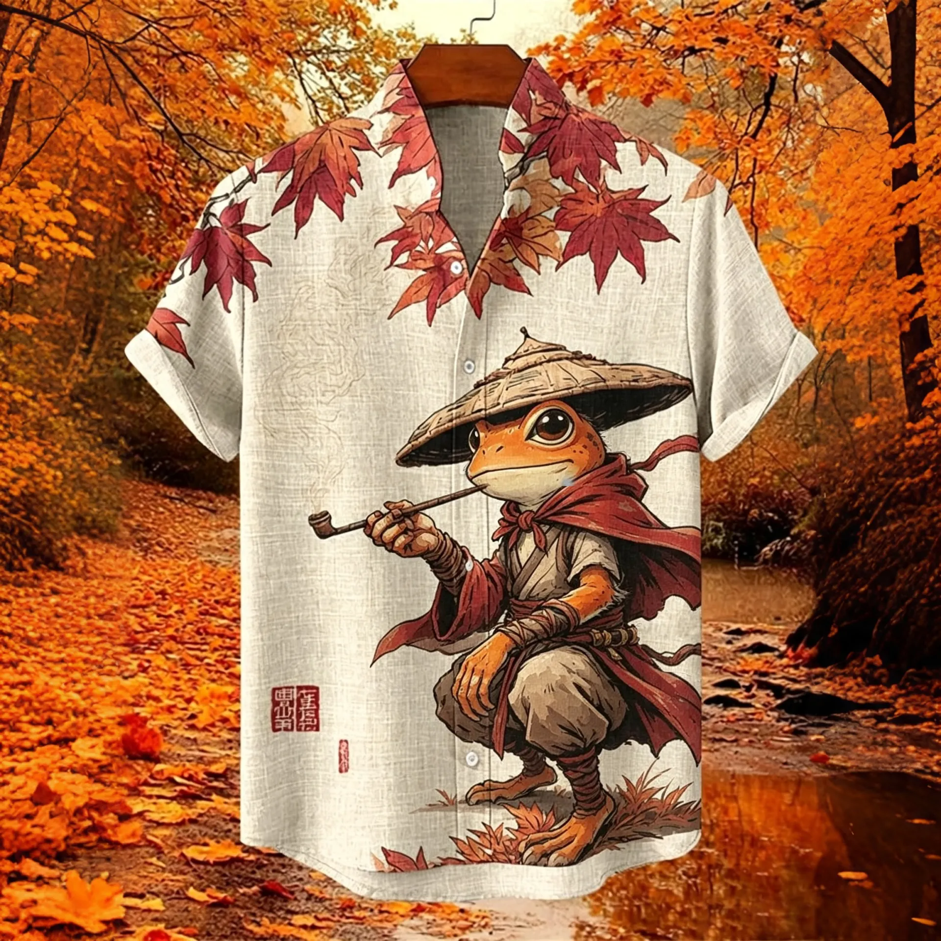 Men's Retro Samurai Frog In Fall Japanese Ukiyo-e Graphic Print Short Sleeve Shirt  artssus