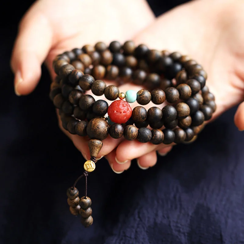 108 Mala Beads Agarwood Red Agate Turquoise Peace Meditation Necklace Bracelet