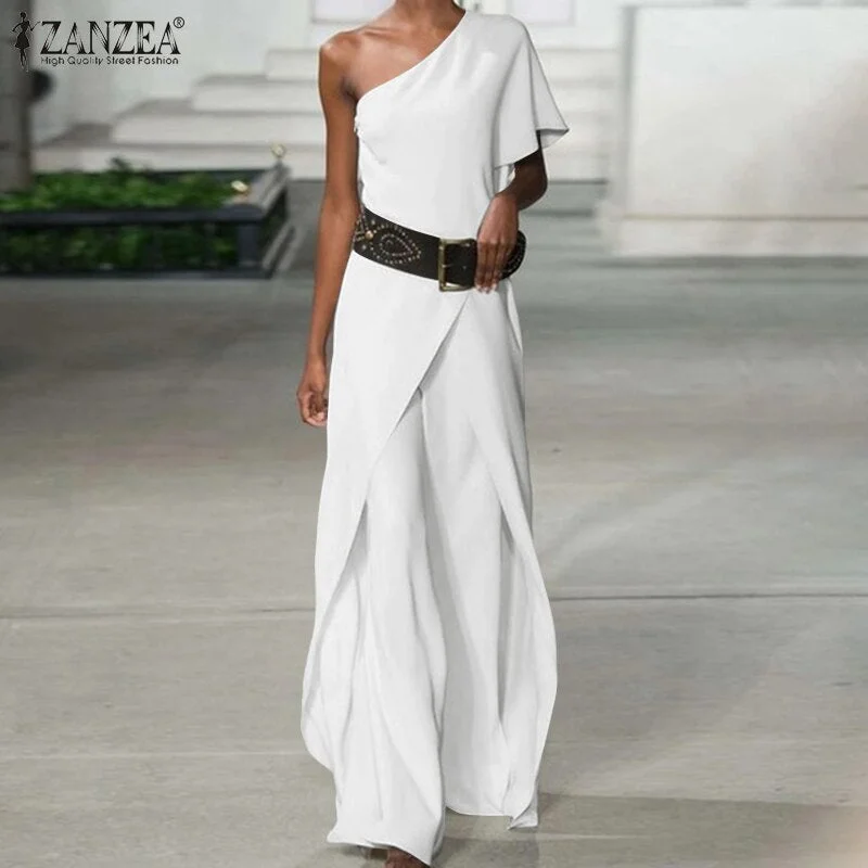 Feminino Fashion Sexy One Shoulder Sleeve Playsuits Asymmetrical Ruffles Solid Women Jumpsuits ZANZEA Overalls
