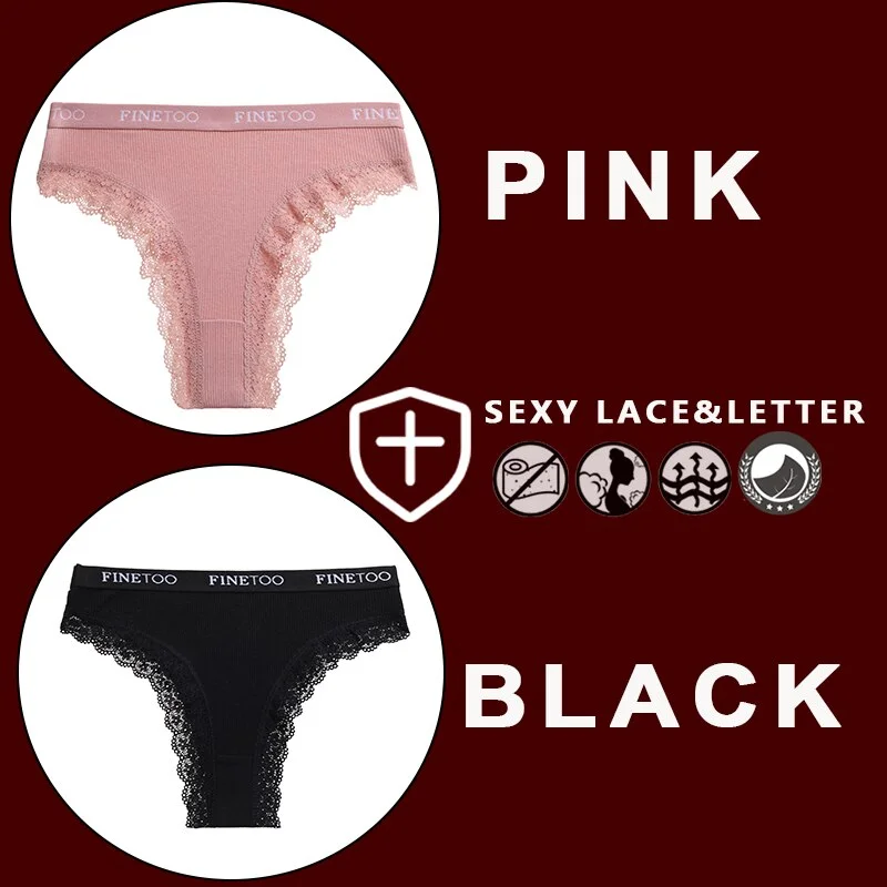 FINETOO 2PCS/Set Women's Cotton Panties Girls Letter Thongs Brazilian Pantys Sexy Lace Underwear For Woman Lingerie Bikini Panty
