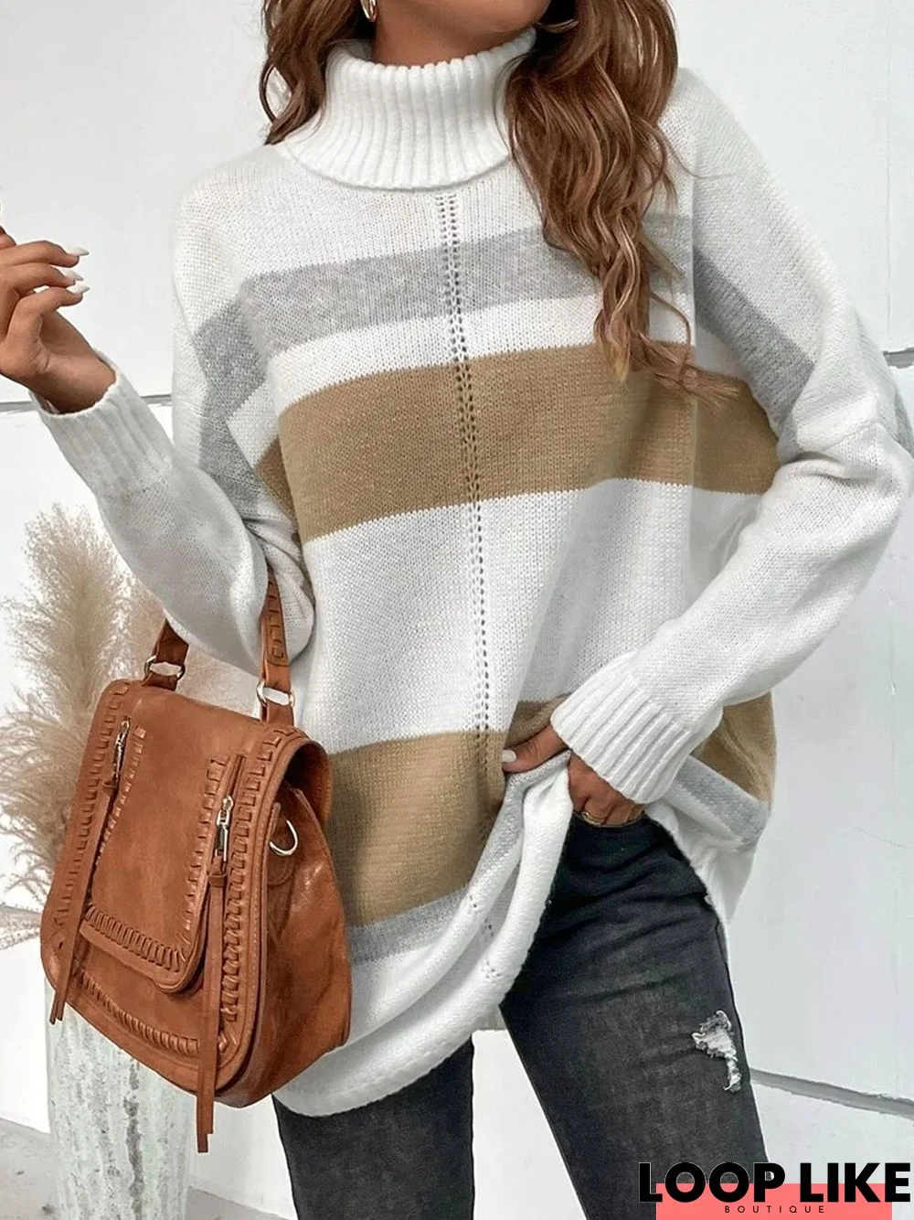 Color Block Half Turtleneck Casual Loose Sweater