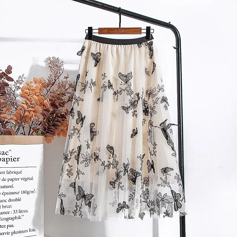 Woman Skirts Elegant Vintage Butterfly Embroidered A-Line Mesh Midi Skirt Elastic High Waist Summer Skirts Womens 2020 Clothes