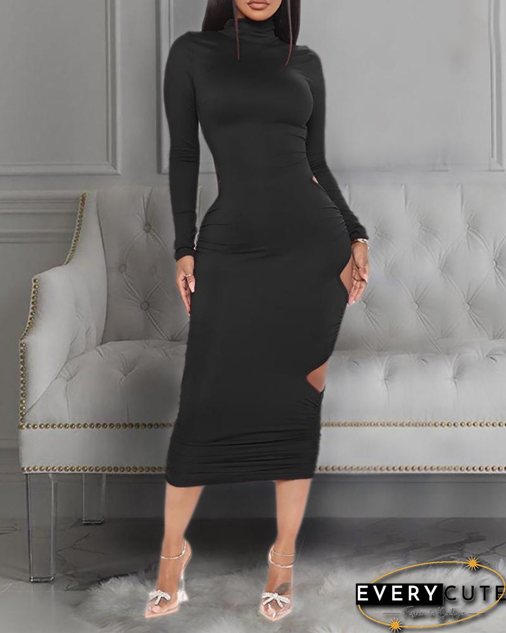 Plain Ladder Cutout Ruched Backless Maxi Dress P13980
