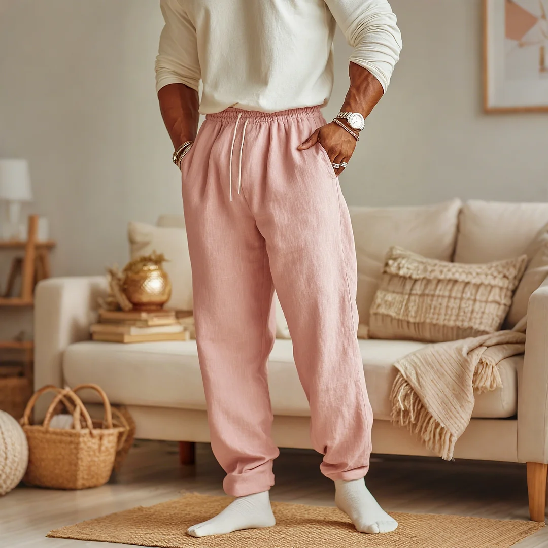 Men's Casual Linen Trousers, Loose Fit, Comfortable, Elastic Waistband, Suitable For Home And Outings.-inspireuse