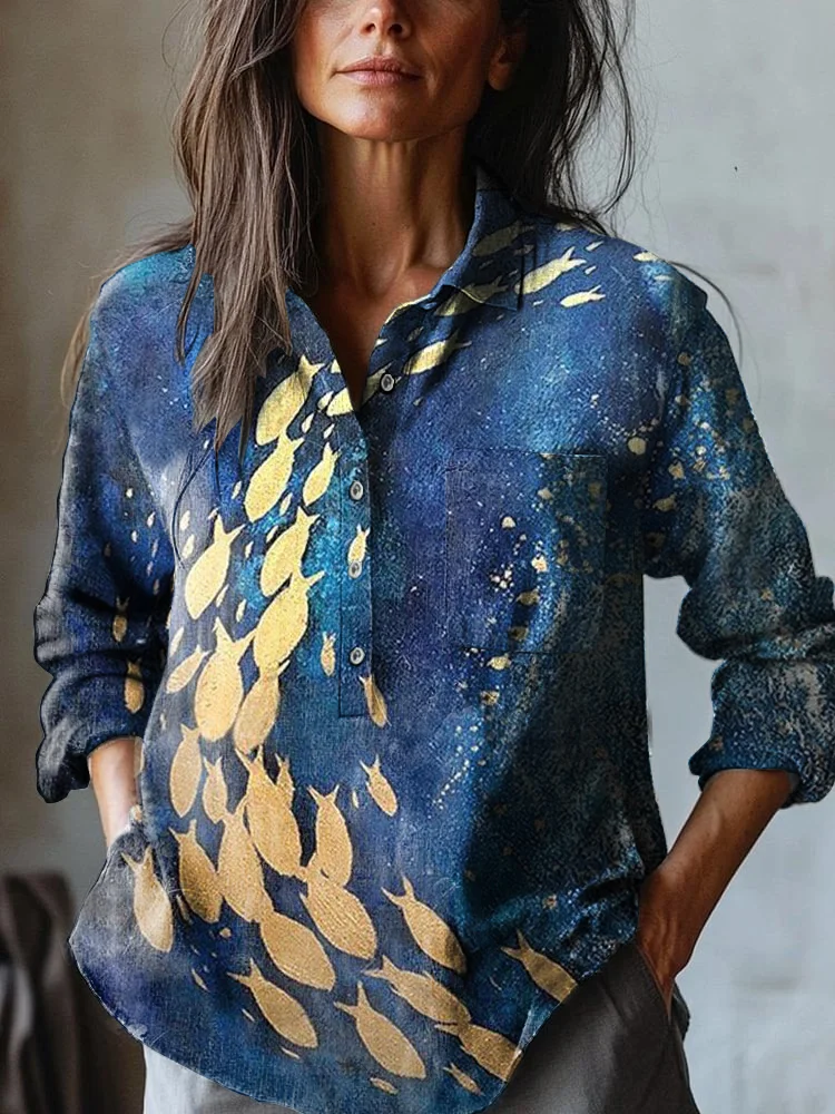 Women's Ocean Fish Art Print Casual Cotton and Linen Shirt