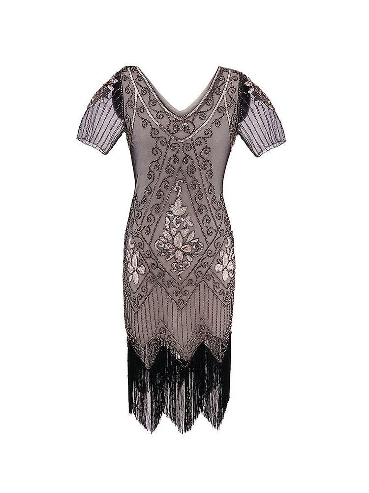 Mayoulove 1920s Dress Hand-embroidered Beaded Sequined V-neck Short-sleeved Dress-Mayoulove