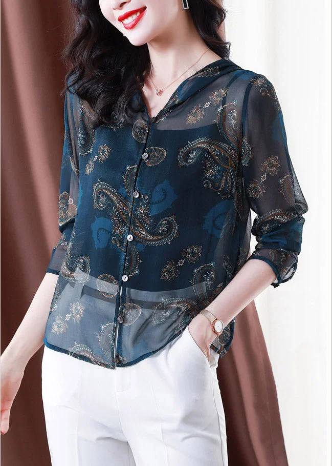 Classy Blue Embroideried Button Hooded Tulle Coat Long Sleeve