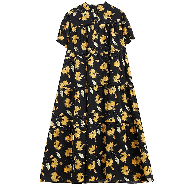 Loose Printed Short Sleeve Stand Collar Midi Dress