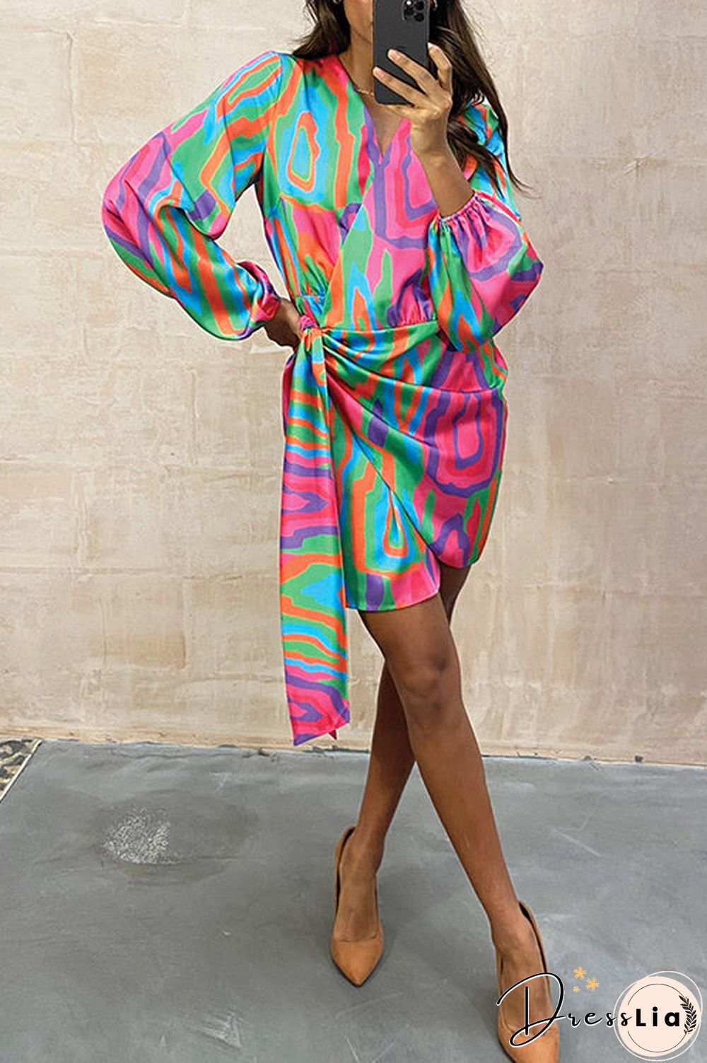 Print Long Sleeve Wrap Mini Dress