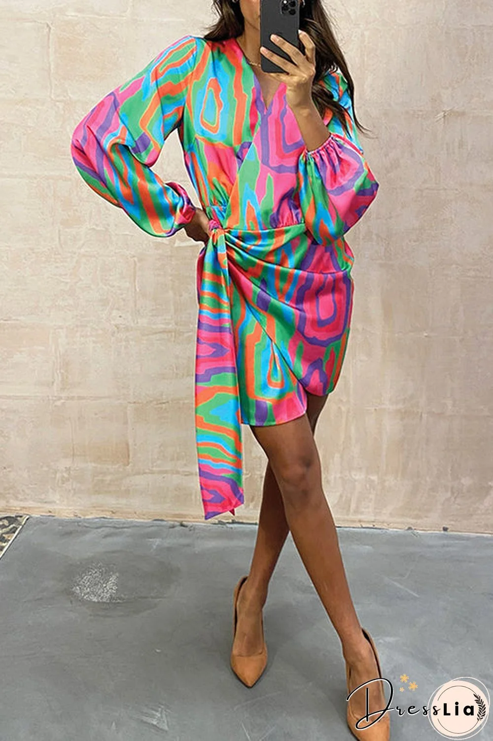 Print Long Sleeve Wrap Mini Dress