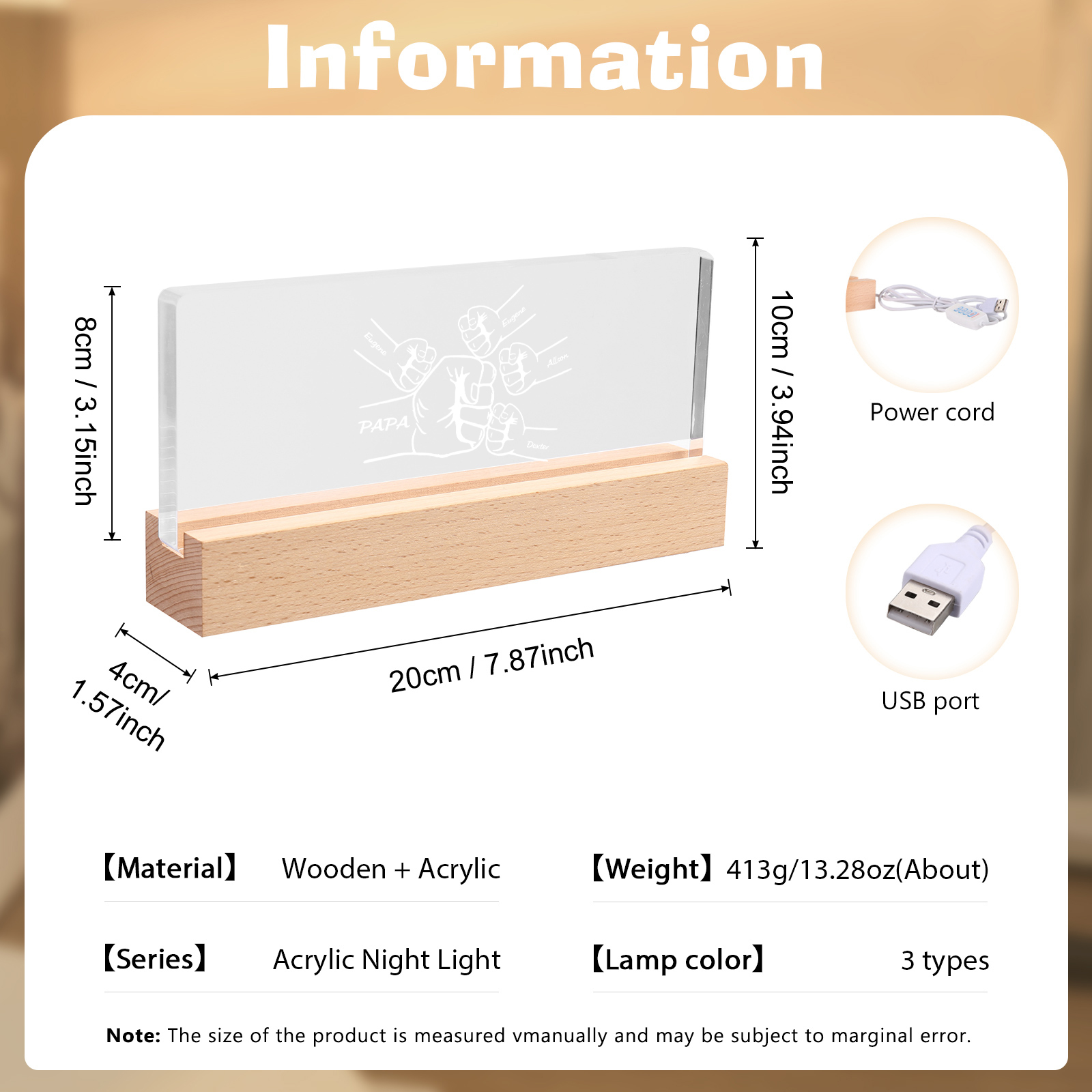 À mon Papa/Papi- Lampe de chevet LED Poings 5 Prénoms Personnalisés