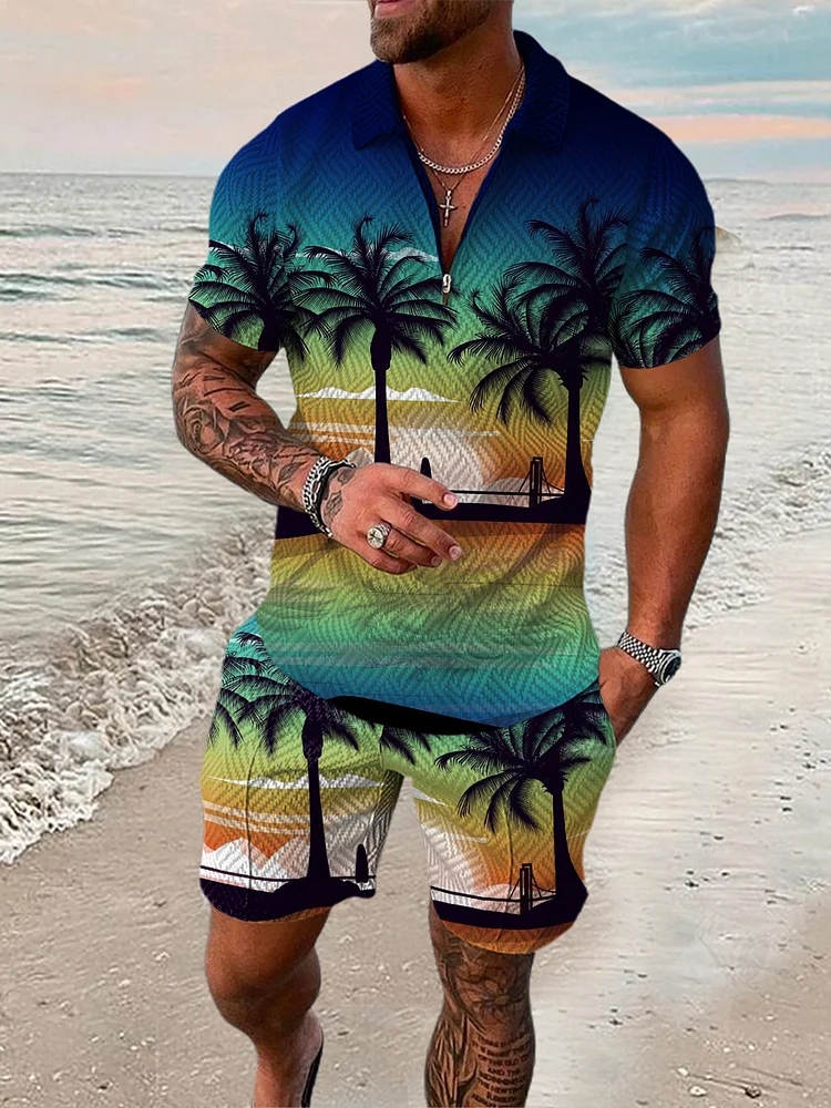 Men's Beach Sunset Coconut Print Polo Suit