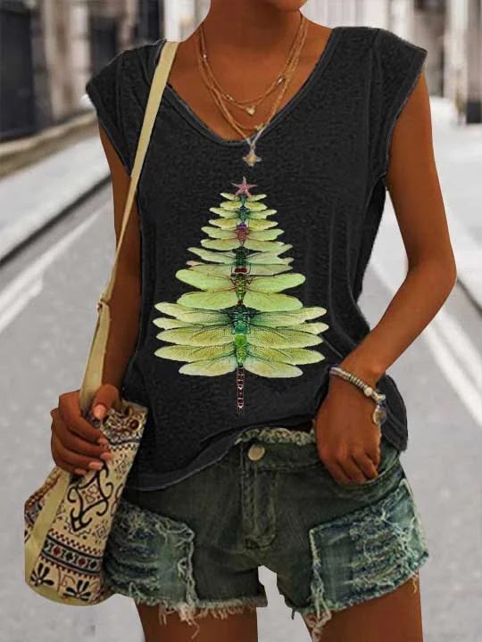 Women's Casual Watercolor Dragonfly Tree Cotton Blend Print Vest