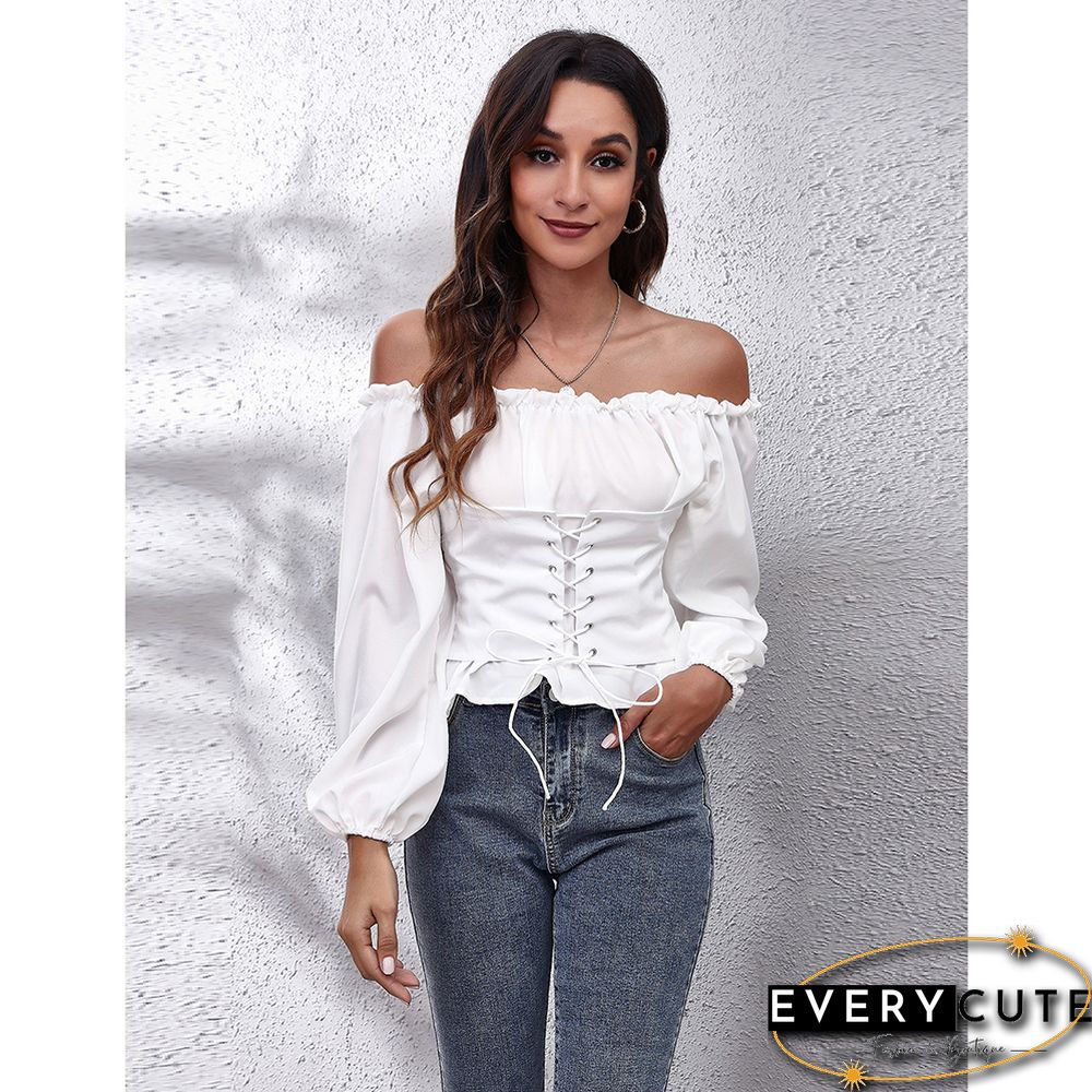 White Off Shoulder Slim Fit Lace-up Blouse