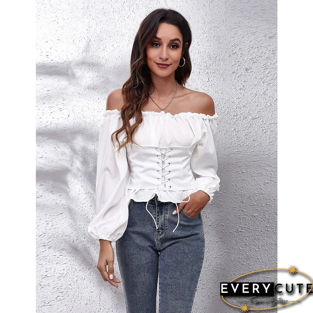 White Off Shoulder Slim Fit Lace-up Blouse