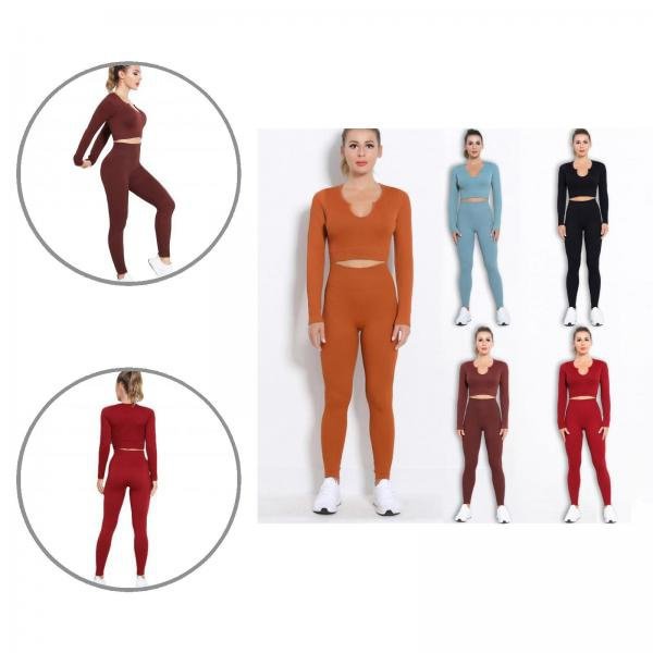 1Set Workout Clothes Sets Indeformable Odor Resistant Tear Resistant Tear Resistant Ribbed Long Sleeve Crop Suit - Shop Trendy Women's Fashion | TeeYours
