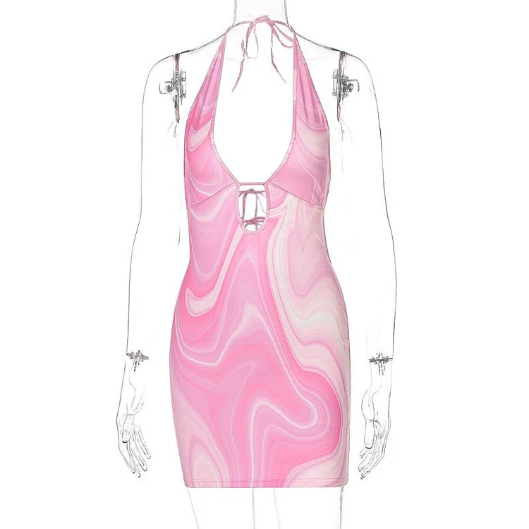 Promsstyle Pink halter neck lace up back bodycon dress Prom Dress 2023