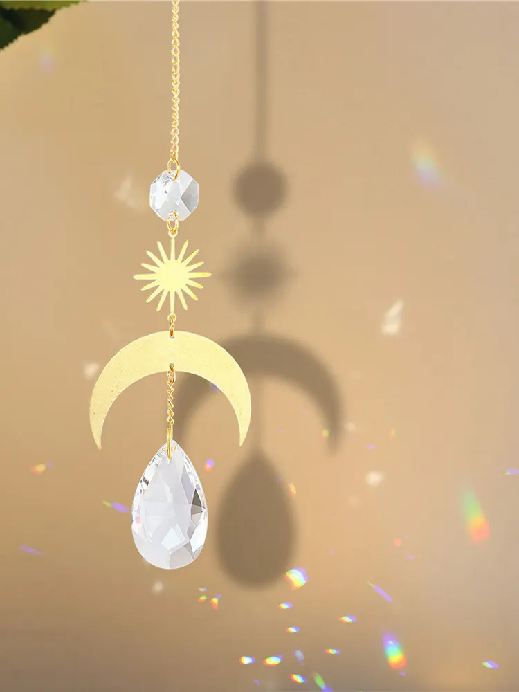 1/4pcs Hanging Crystal Light Catcher Metal Moon Sun Garden Wall Wind Chime