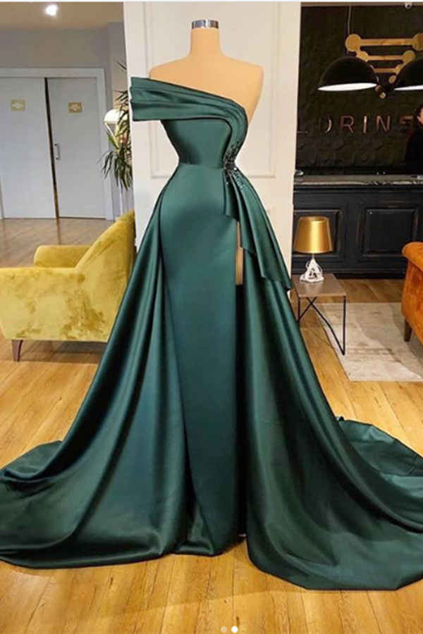 Luluslly One Shoulder Overskirt Evening Dress Split Long With Beads